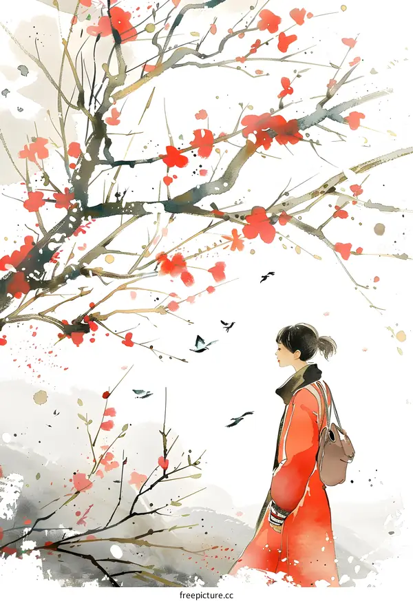 Woman Walking in a Red Coat with a Cherry Blossom Background Watercolor Painting