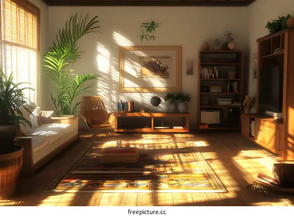 Sunlight Streaming Through a Window in a Living Room with Plants
