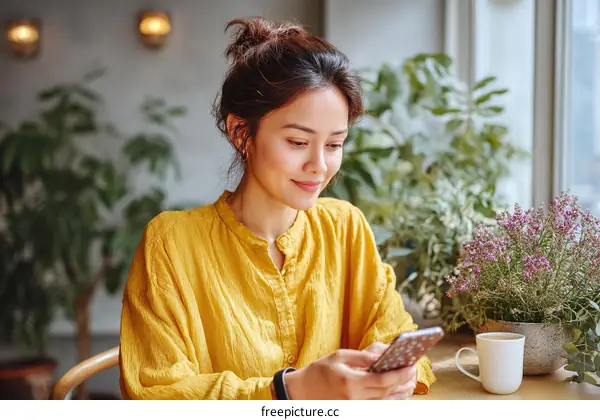 Woman using smartphone in cafe setting
