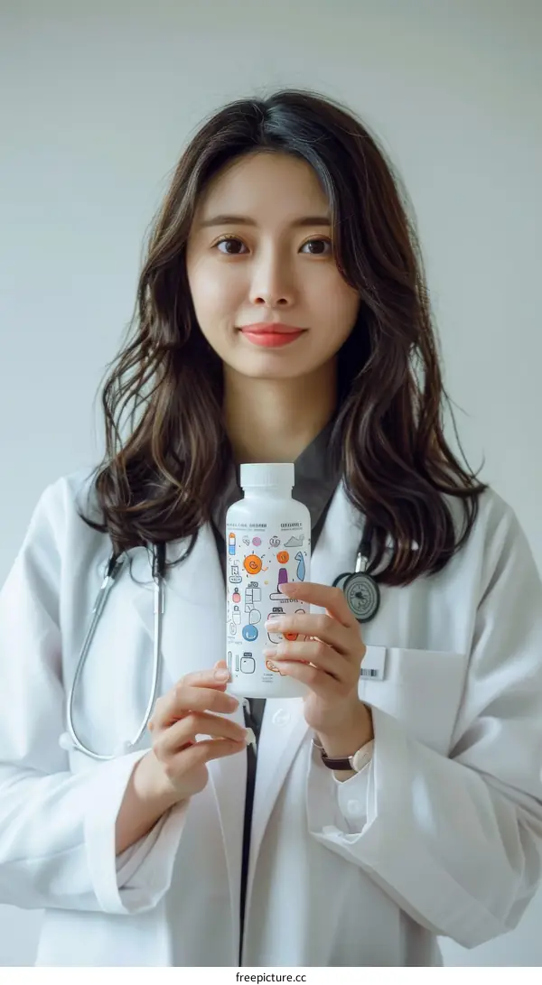 Asian female doctor in white coat holding bottle of medicine