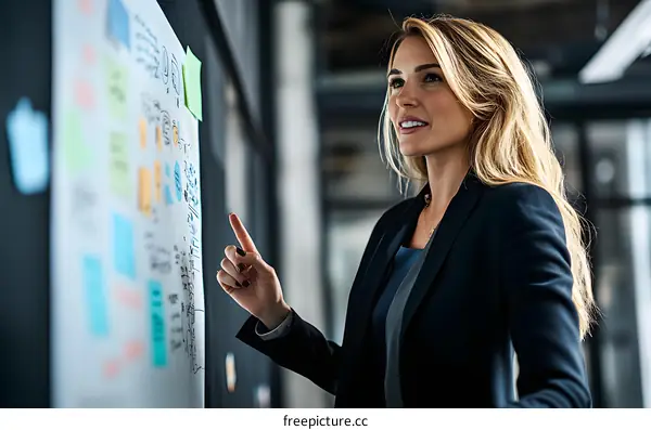 Business Woman Presenting Ideas On Whiteboard In Office