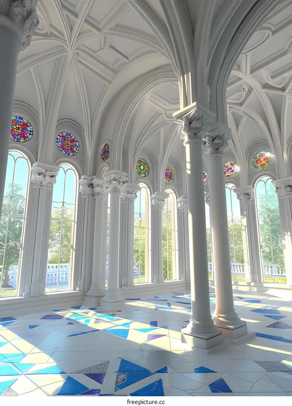 White Room With Large Windows and Stained Glass