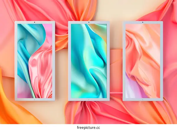 Abstract Colorful Silk Fabric Display On Three Digital Frames
