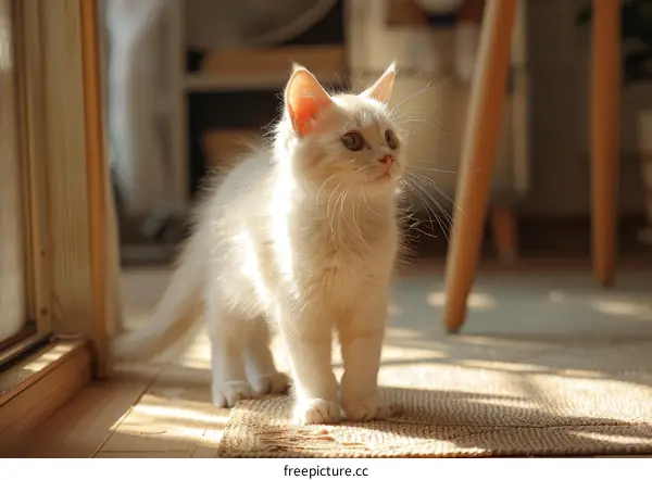 A cute white kitten standing on the floor looking up