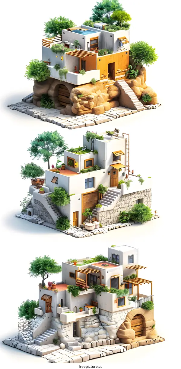 3D Rendered Illustration of White Houses with Green Roofs and Gardens