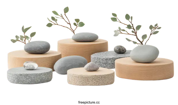 [Transparent Background PNG]Wooden Display Stands with Stones and Plants