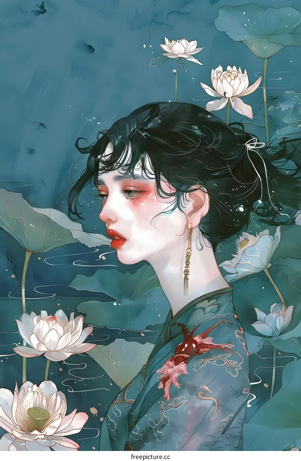 Watercolor Illustration of a Woman with Lotus Flowers