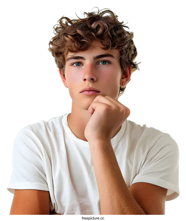 [Transparent Background PNG]Young Man with Curly Blonde Hair Posing with Hand on Chin