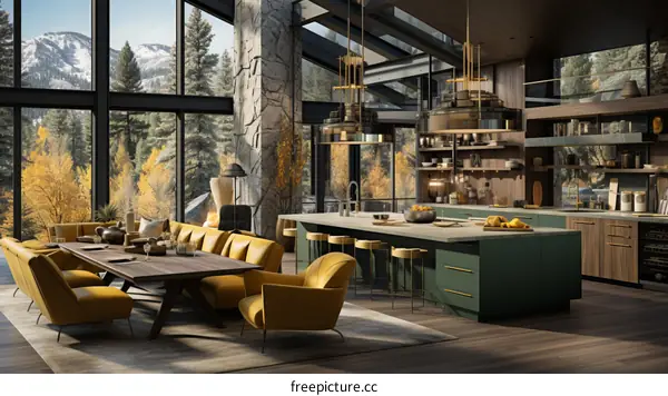 Modern mountain home interior with open floor plan