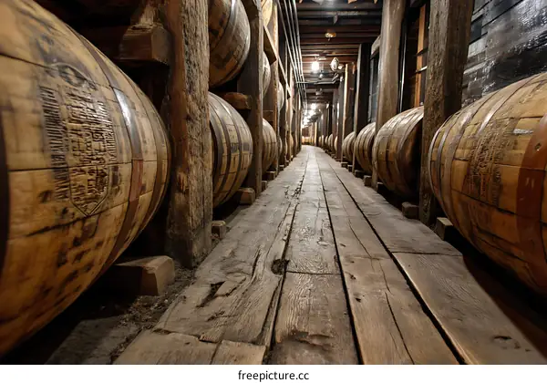 Whiskey Barrels in a Warehouse