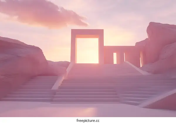 Minimalist Pink Sunset Landscape with Stairs and Gateway