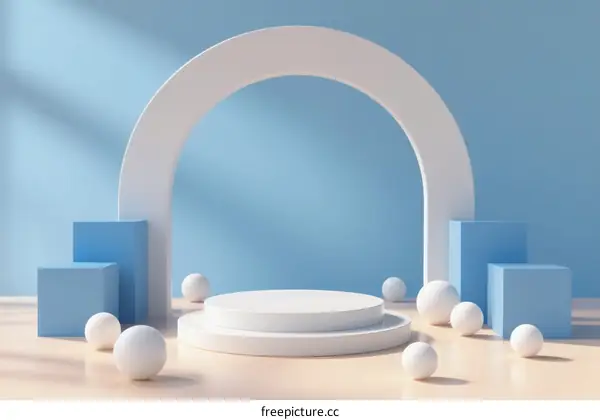 Minimalist White Arch Platform with Blue Cubes and Spheres