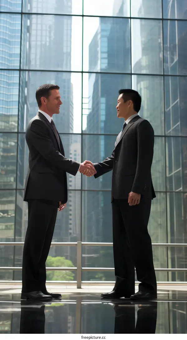 Two businessmen shaking hands in an office building