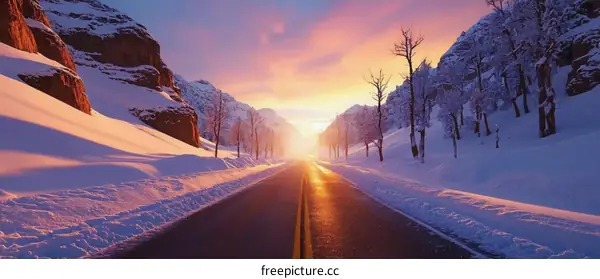 Winter Sunrise Mountain Road Scenic Landscape