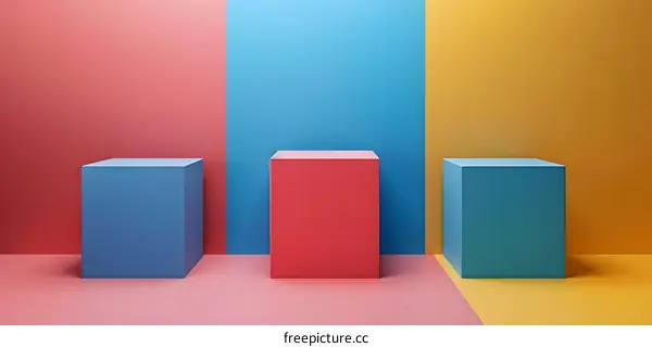 Three boxes on a stage with a pink, blue, and yellow background