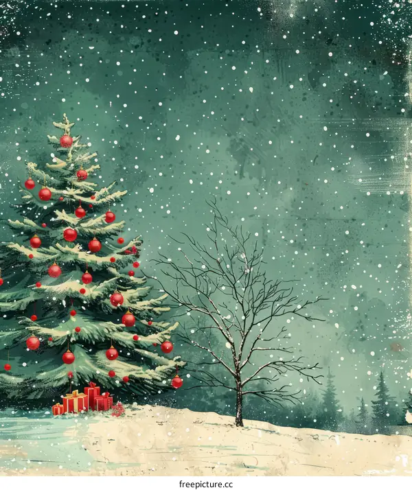 Vintage Christmas Tree Illustration With Falling Snow