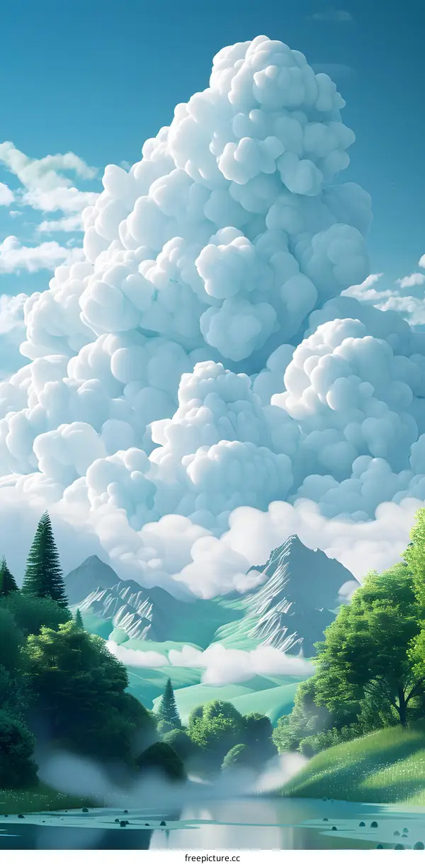 Fantasy Forest River And Mountain Peaks