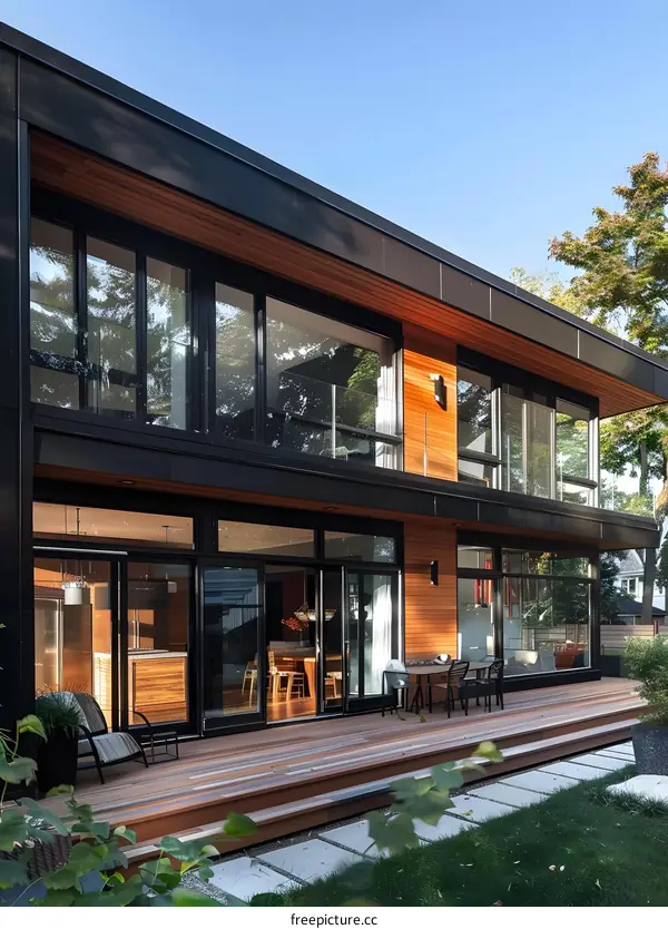 Modern Black and Wood House Exterior with Patio