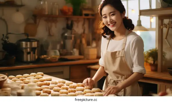 Asian woman making cookies in the kitchen
