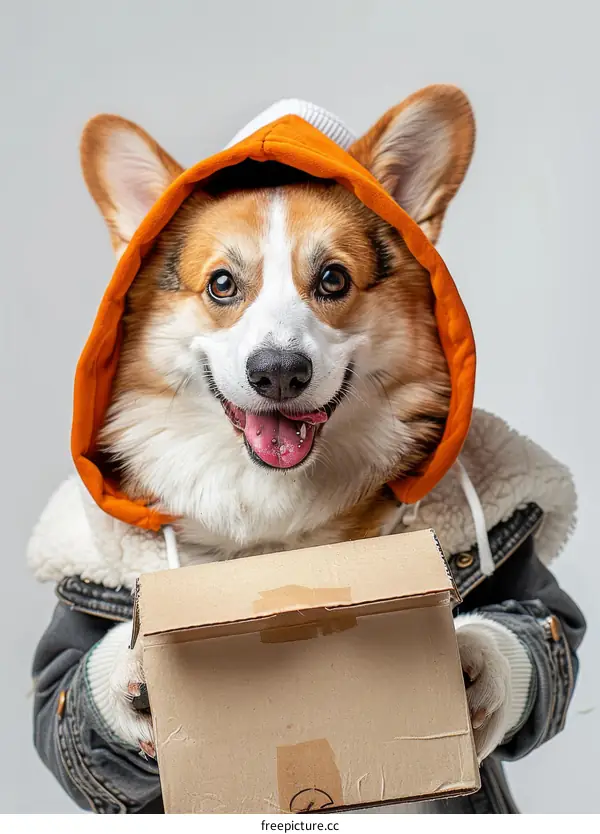 Dog with a Package in a Hoodie