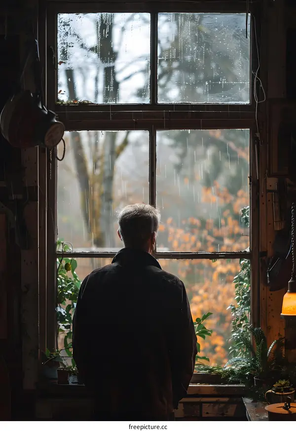 A man looking out the window on a rainy day