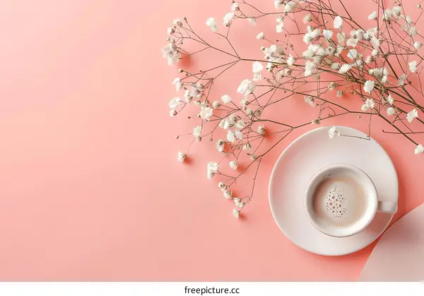 Flat Lay with Coffee Cup and Flowers on Pink Background