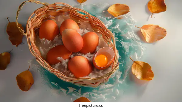 Basket of brown eggs with autumn leaves