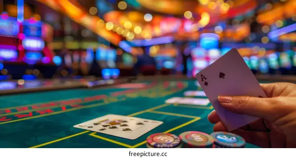 A person holding an ace of spades playing card in a casino