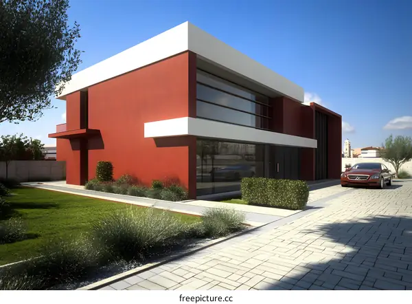 Modern Red House with White Trim and a Large Window