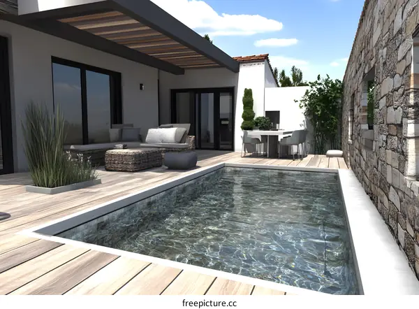 Modern Backyard Pool Design with Stone Wall and Wooden Deck