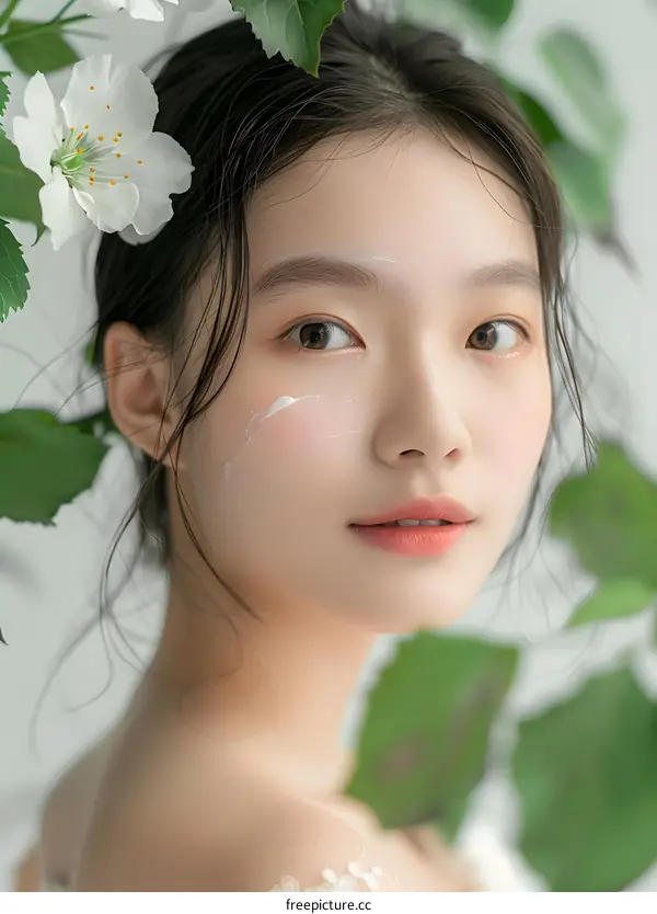 Beautiful Asian Woman with Flowers in Her Hair
