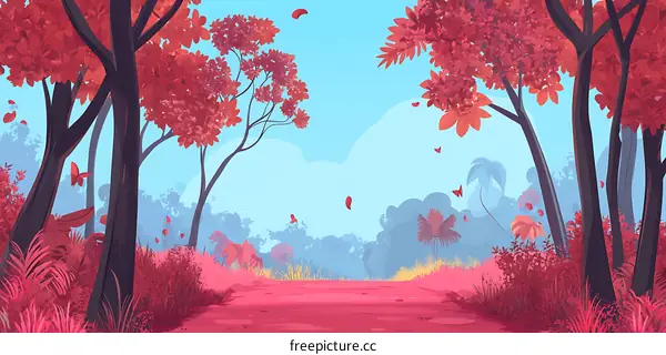 Red Forest Path with Pink Flowers and Butterflies