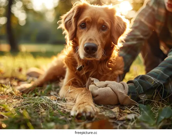 Golden Retriever Lying in Grass with a Person