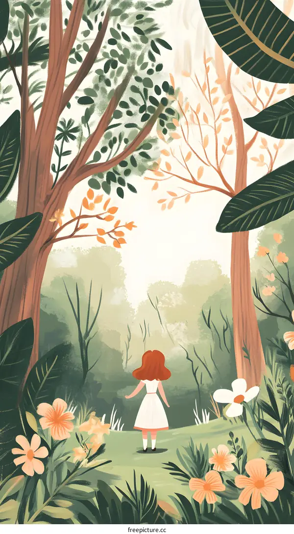 Girl In White Dress Standing In Forest