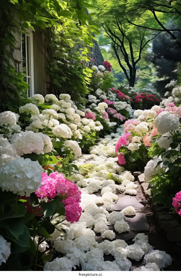 A beautiful garden path with a stone slab surrounded by blooming hydrangea