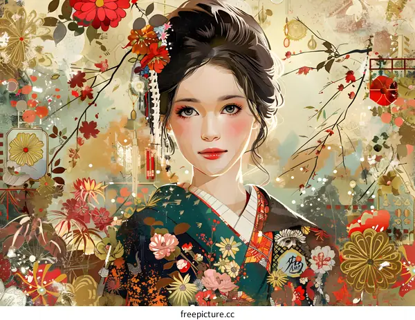 Japanese Woman in Kimono with Floral Collage