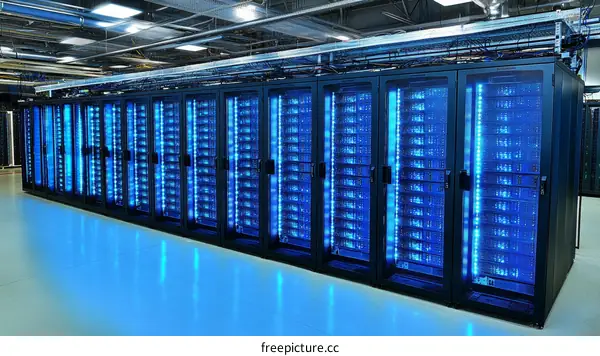 Massive Data Center Server Racks with Blue LED Lighting