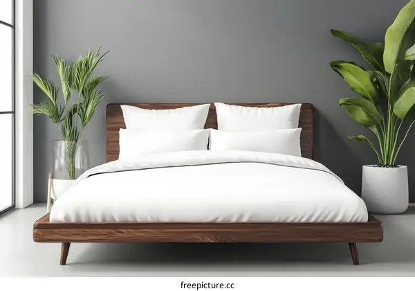 Modern Bedroom Interior Mockup with Wooden Bed