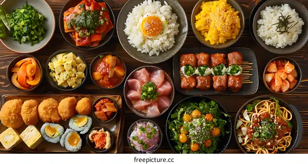 A variety of delicious Japanese dishes are arranged on a wooden table.