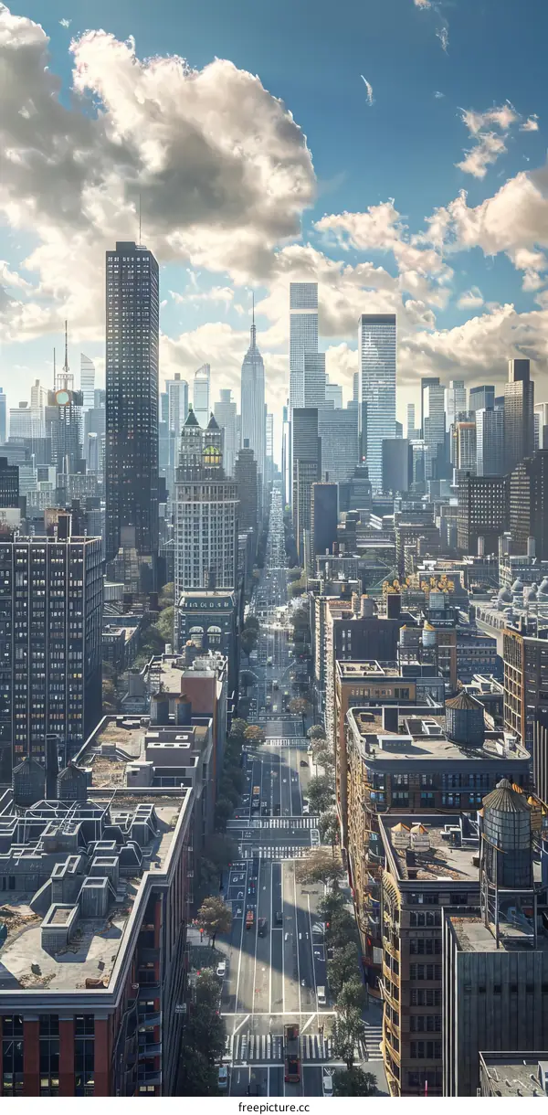 A bustling metropolis with towering skyscrapers and a busy urban street below