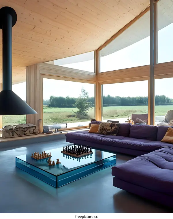 Modern Living Room with Large Windows and Blue Glass Coffee Table