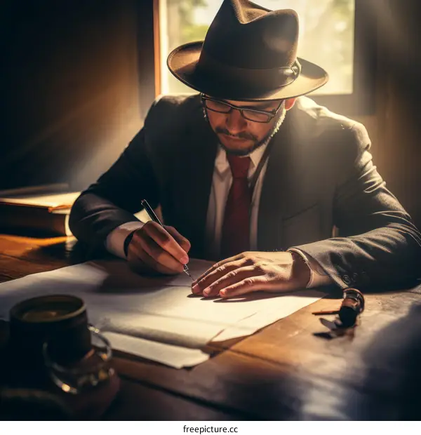 Man in a hat and tie writing at a desk