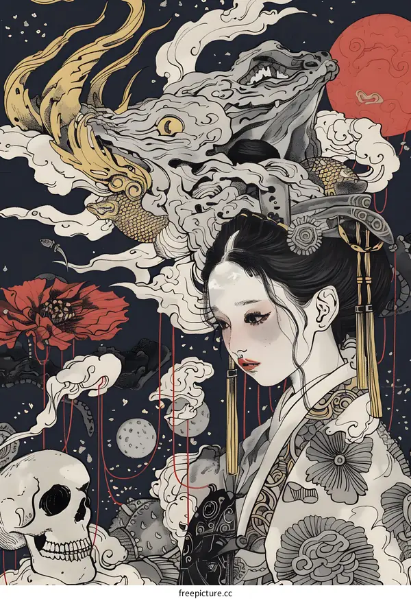 Japanese Style Illustration of Woman with Dragon and Skull