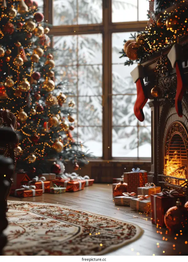 Christmas tree by the fireplace