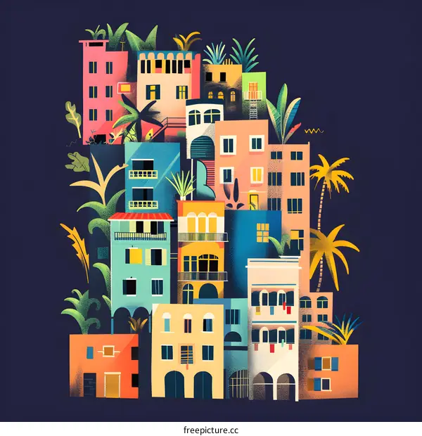 Colorful Illustration Of A Cityscape With Palm Trees