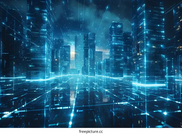 Blue and Black Digital City Illustration