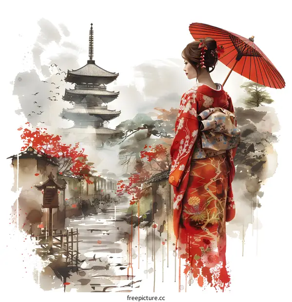 Traditional Japanese Woman in Kimono with Pagoda in Background