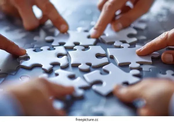 A group of people of various ethnicities are putting together a puzzle.