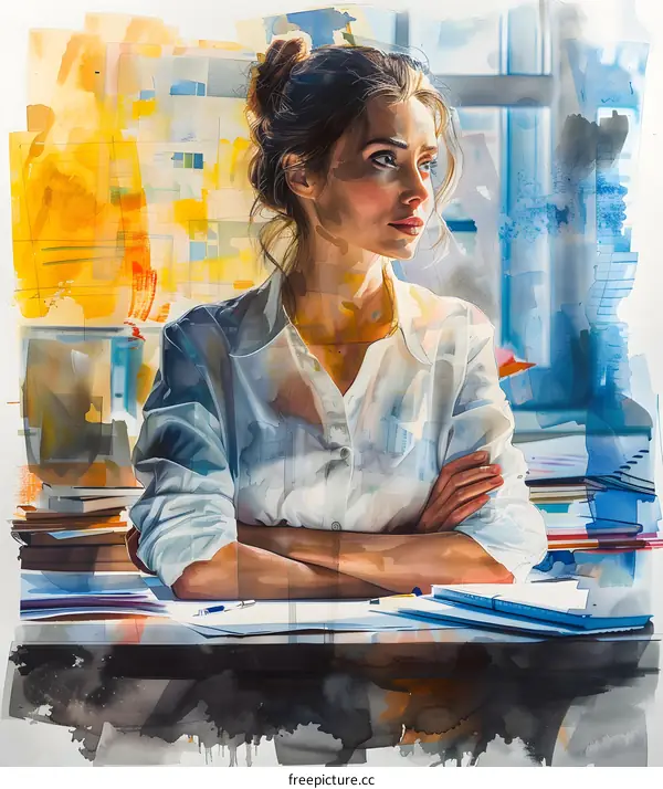 portrait of a woman in a white shirt sitting at a desk looking out the window