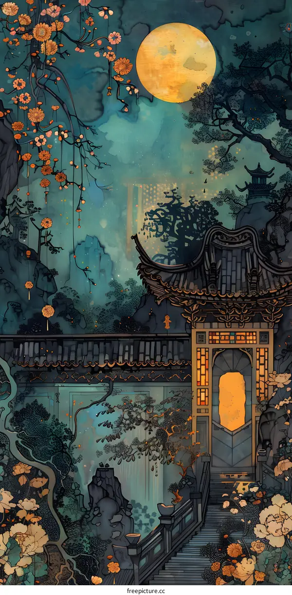 Chinese ancient architecture and flowers under the moonlight
